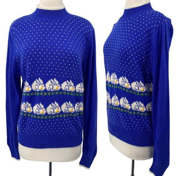 Vintage 80s Lord & Taylor Bunny Dot Pattern SweaterTurtleneck Blue Womens Medium - Picture 1 of 9